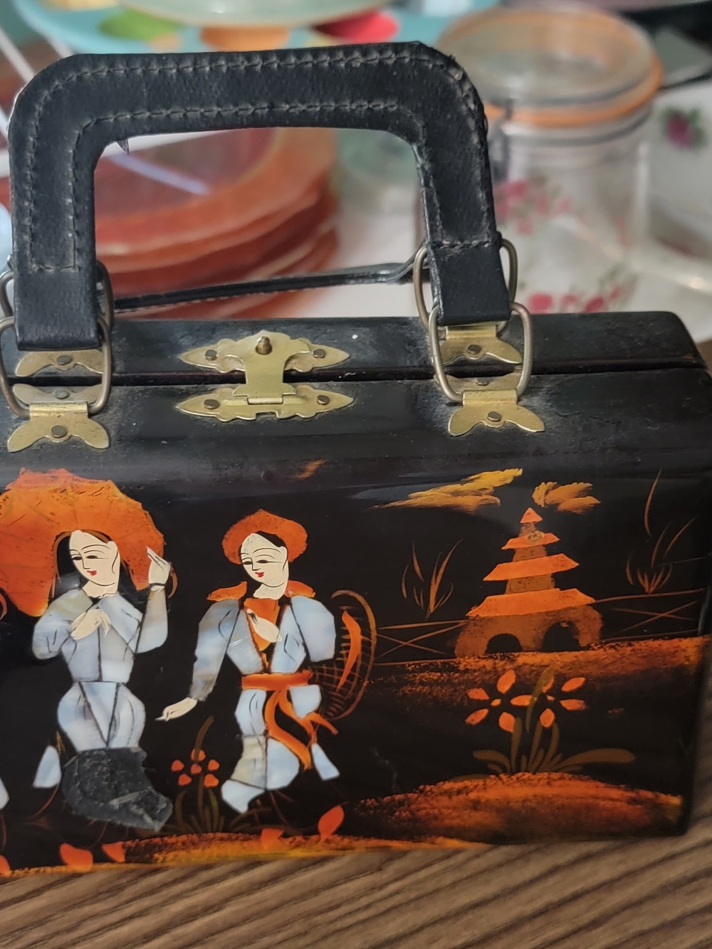 Japanese Painted Black Lacquered Wood Women’s Handbag with Mother Of Pearl Inlay